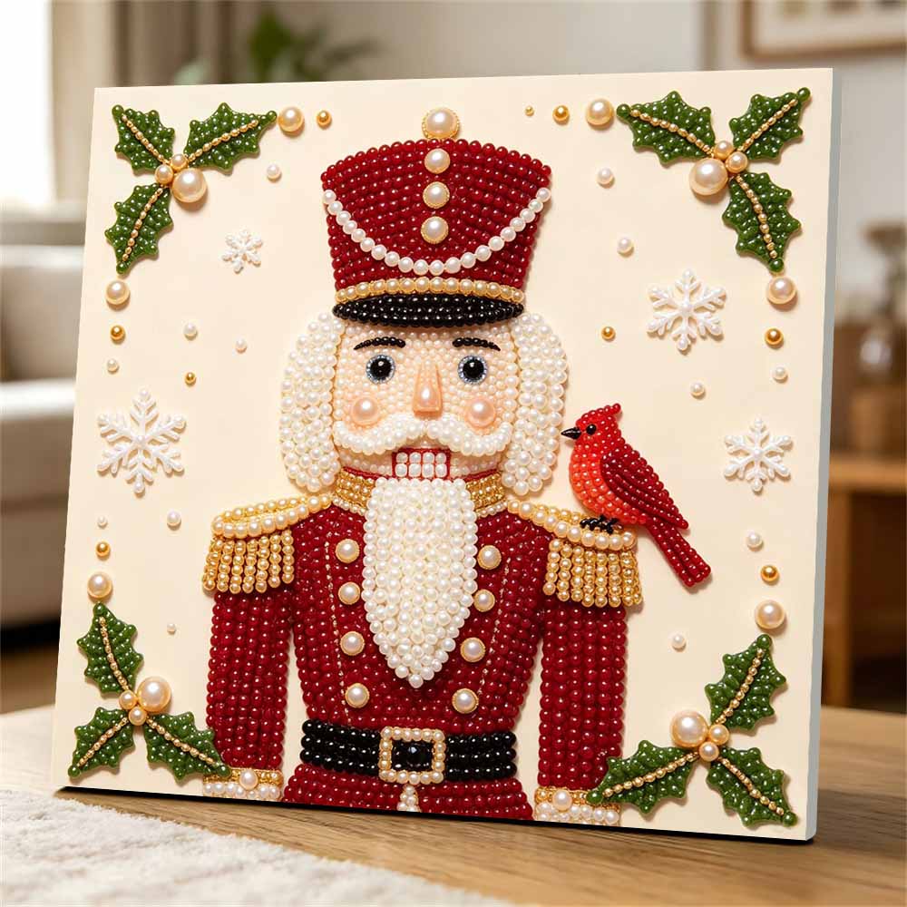 Handmade Framed Pearl Painting Set with Christmas Nutcracker and Bird Design 5D Shiny Bead Art Canvas Creative Craft for Home Wall Decor