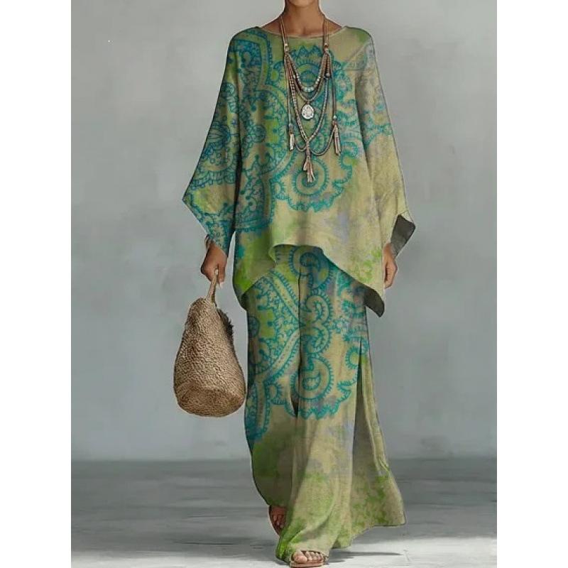New round neck bat sleeve printed loose set bohemian lazy casual two-piece set