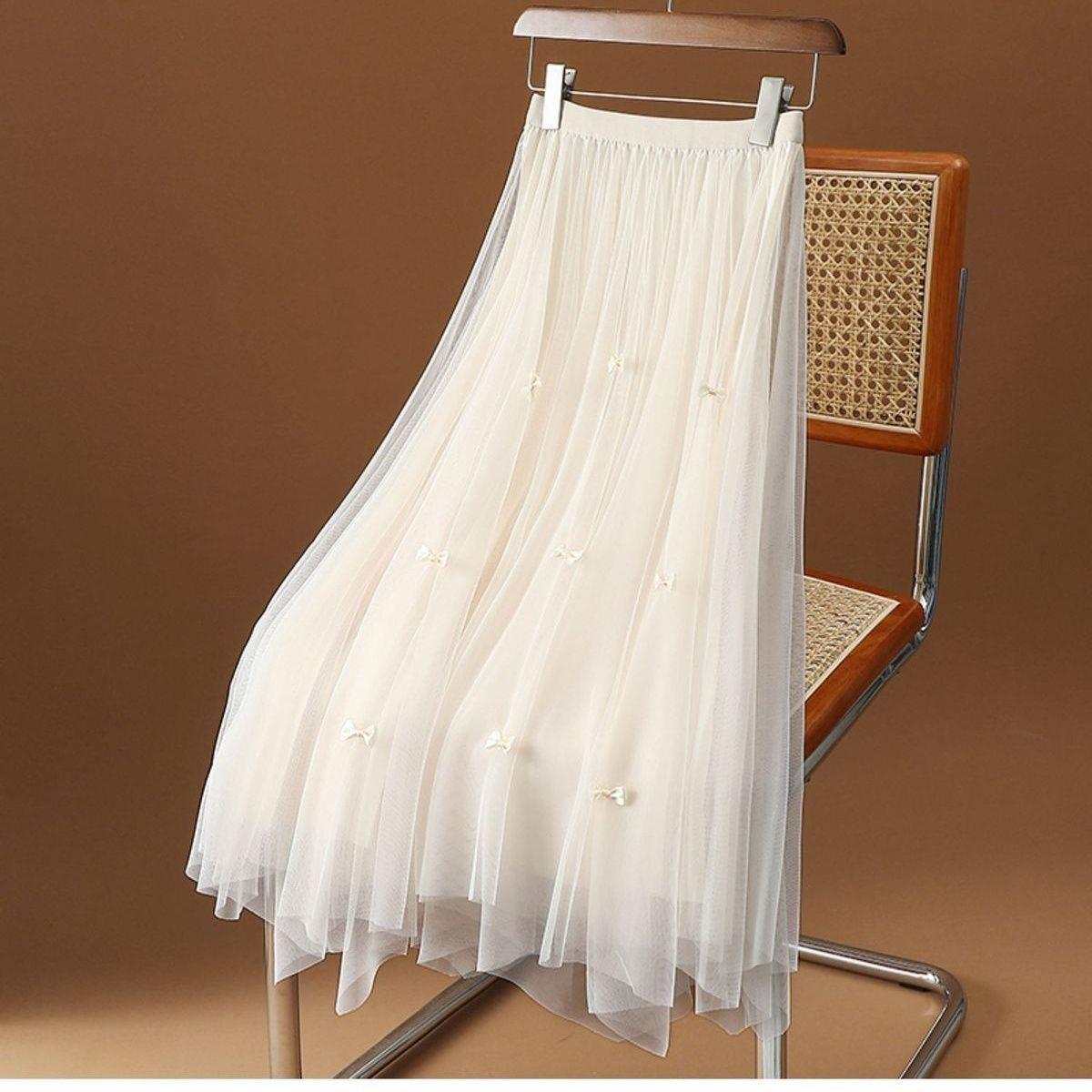 

WTEMPO Женское А-силуэтное платье с бантом из струящегося тюля, длинное, повседневное, с высокой талией, плиссированная юбка из сетки One size абрикосовый