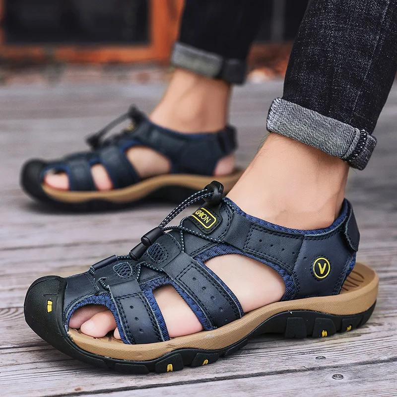 Nya Sandaler för Män i Stor Storlek Äkta Läder Herrskor Sommar Herrsandaler Mode Sandaler Tofflor Stor Storlek 38-48 Zapatos