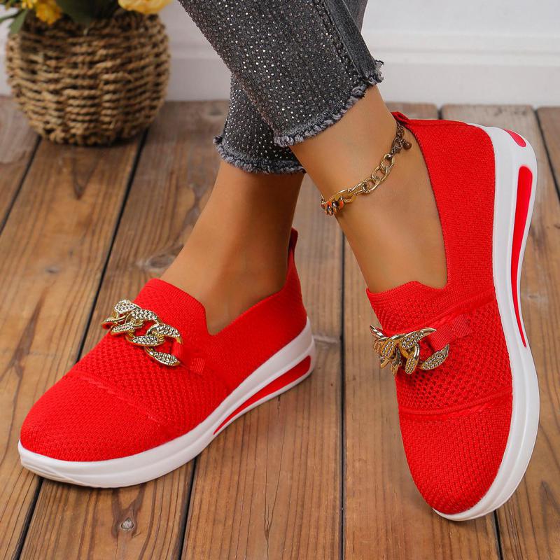 Fashion Women Pink Casual Shoes Breathable Mesh Shoes Woman Lightweight Chain Shallow Ladies Wedge Heels Shoes Spring Autumn Loafers