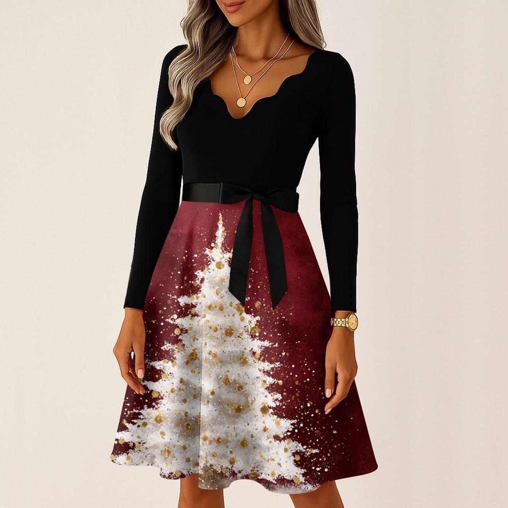 Damen Casual Mode V-Ausschnitt Langarm Weihnachten Bedruckt Party Vintage Lange Kleider