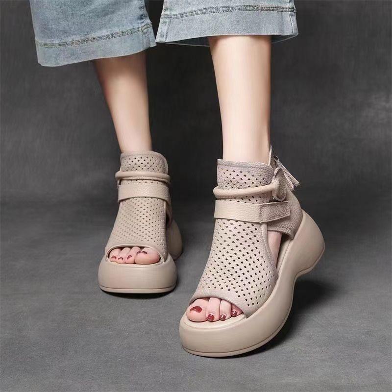 2025 Summer Hollow Short Boots Thick-soled High-heeled Heightened Lightweight Roman Cool Boots Outer Wear Fish Mouth Muffin Sandals Women's Models