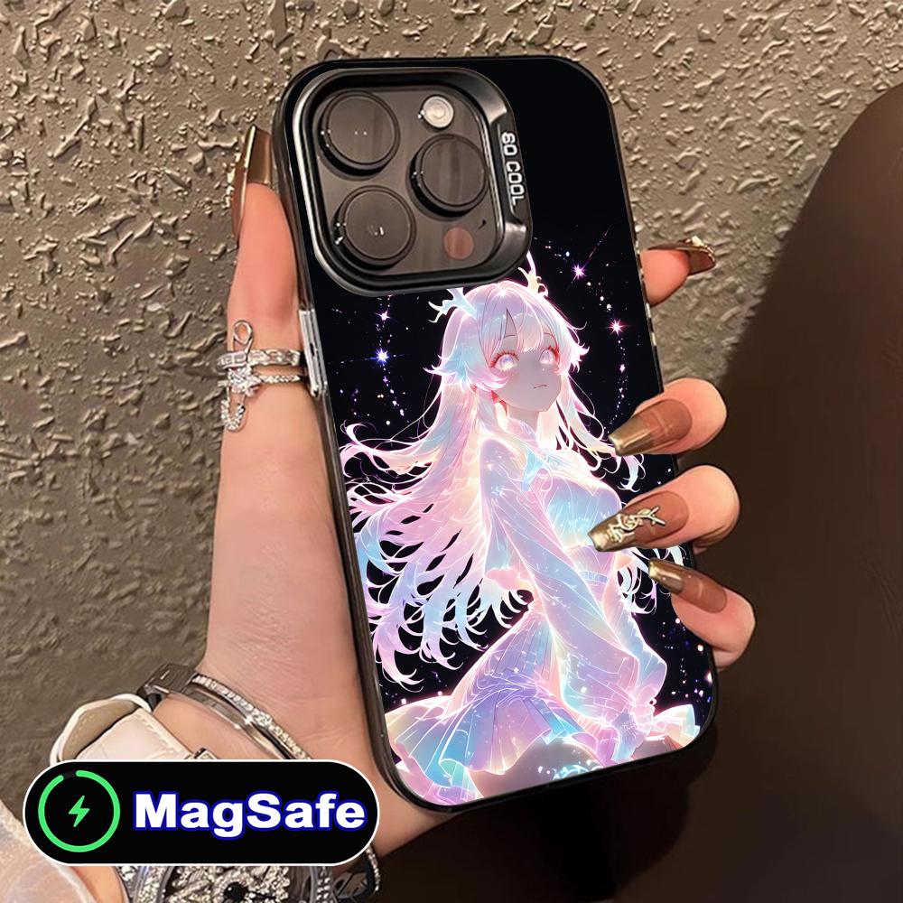 Kawaii Pink Anime Girl Phone Case for iPhone 16 15 14 13 12 11 Pro Max Plus MagSafe Translucent Colour Protective Cover Luxury