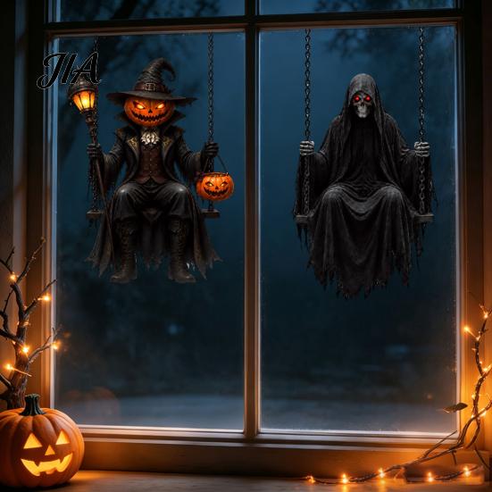 Forniture per Feste Spettrali Halloween Zucca/Scheletro Mietitore Adesivi per Finestra, Decalcomanie Statiche Rimovibili, Pellicola Resistente in PVC Impermeabile Horror