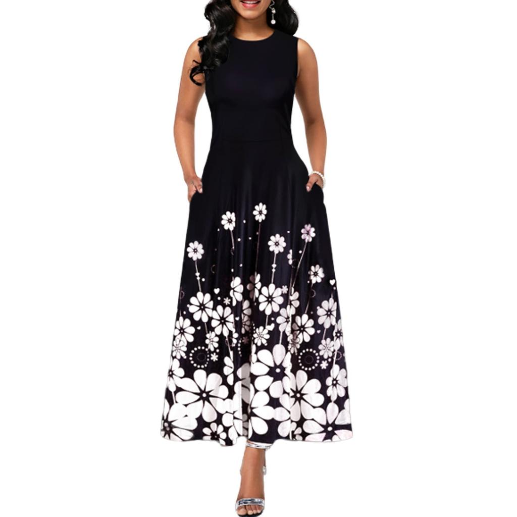 Women´s Boho Floral Vintage Maxi Dress Evening Party Beach Tunic Sleeveless Dress