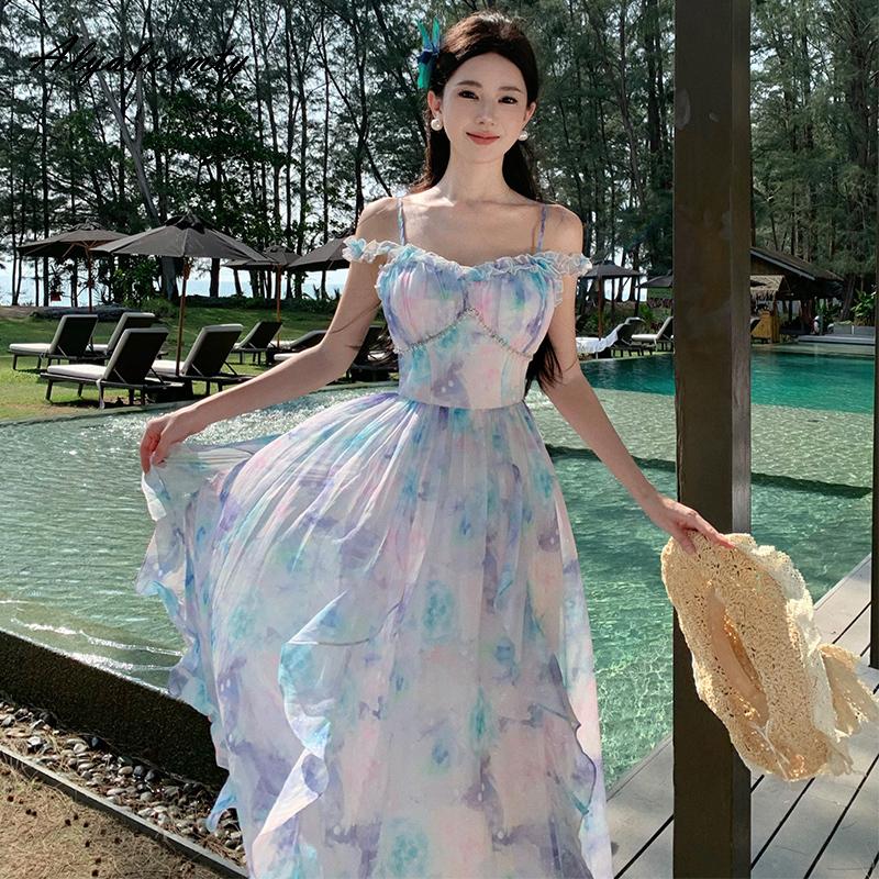 Summer Women Fairy Beach Midi Dress Suspenders Print Romantic Ruffles Holiday Dress Feminine Sweet Chic Sleeveless Dress