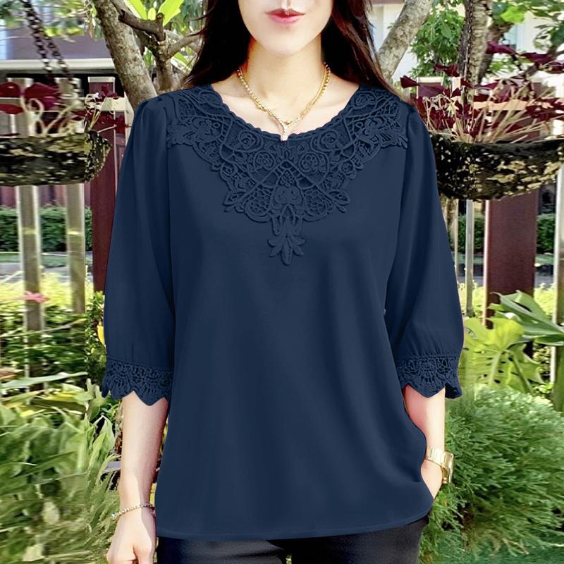 ZANZEA Women Crochet Patchwork Round Neck Casual Half Sleeve Blouse