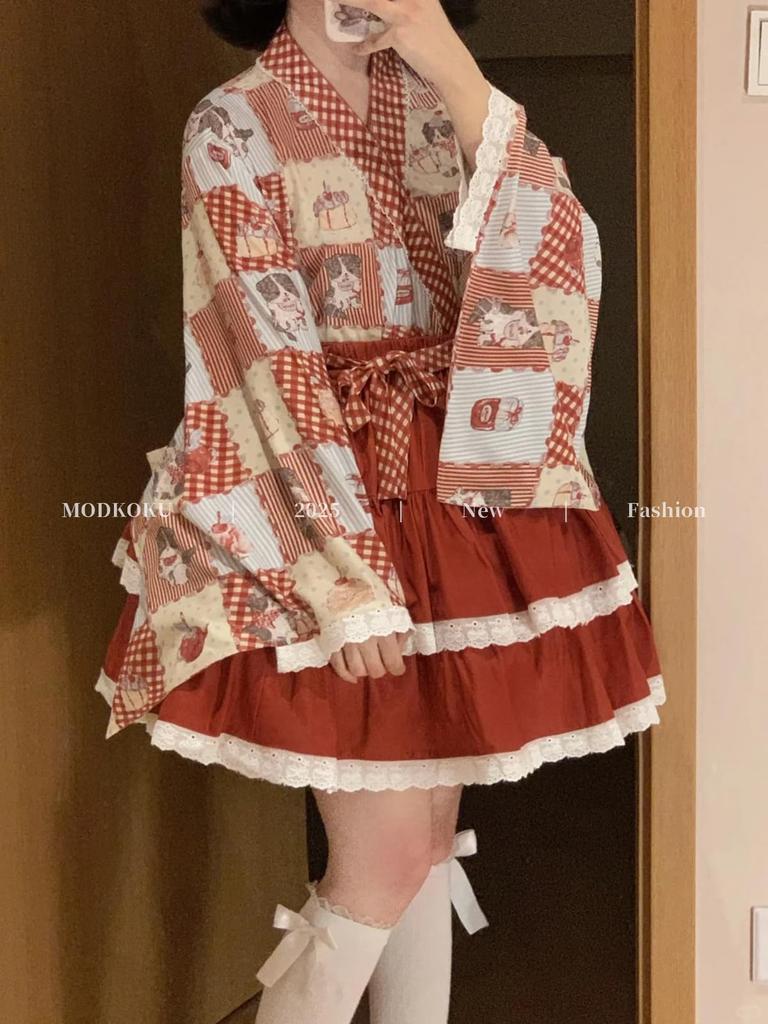 MODKOKU Lolita Maid Kimono Yukata with and Cherry Long and Long Girly Dreamy Mori Size XL Women's Dress, Checkered, Dog, Prints, Sleeves, Haori,