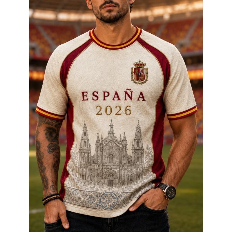 Bandiera Squadra Nazionale Spagnola 2026, Maglia da Calcio per Tifosi, Leone Retro 3D Asciugatura Rapida Sportivo Casual Top da Uomo Maglietta