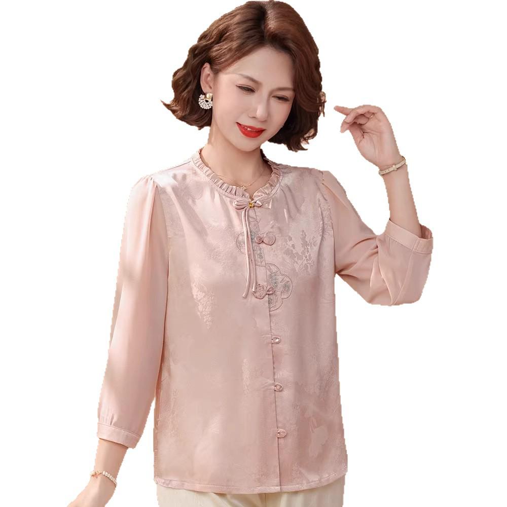 Mom's Spring 2026 Chiffon Blouse - New Chinese Style Fashion for Middle-Aged and Elderly Women