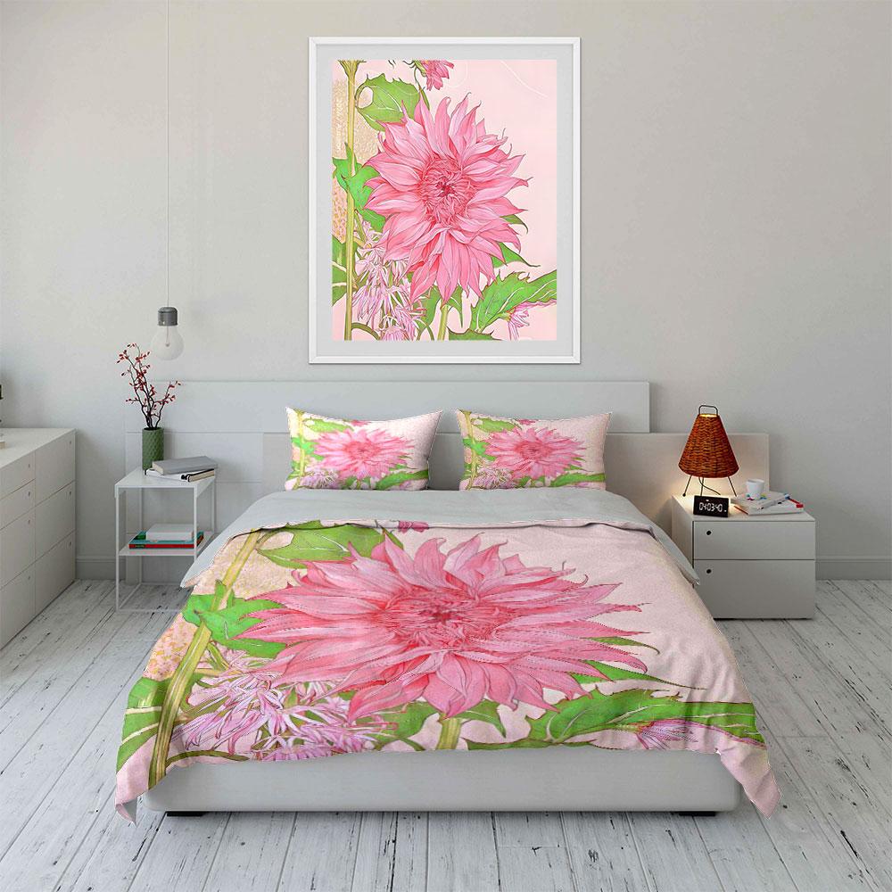 Pink Floral Decor Set Bedding Set with 1 Duvet Cover 2 Pillowcases Single Double King Queen, Gift