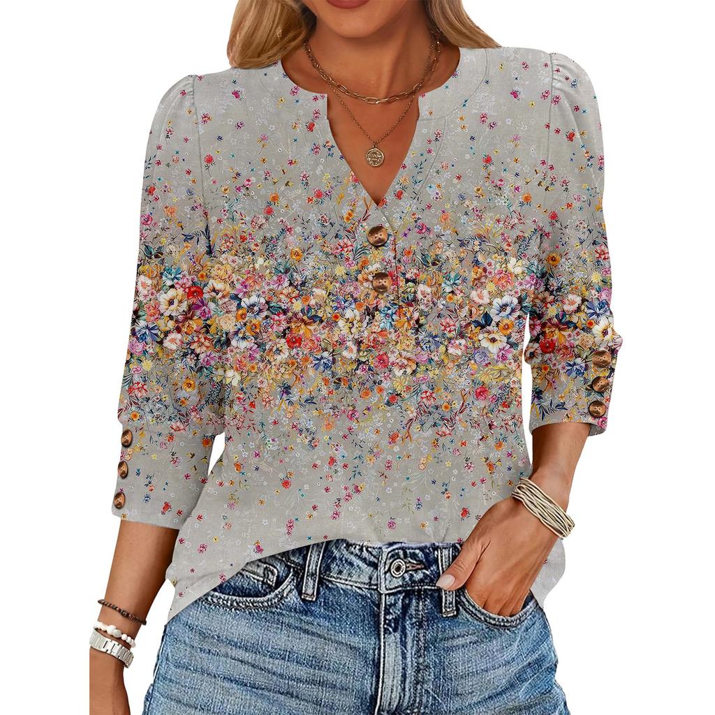Women's Retro Printed Loose 7-inch Sleeve Top