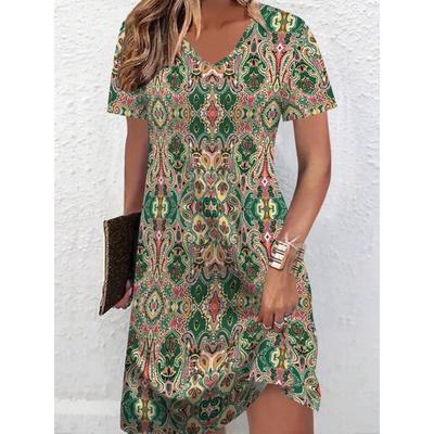 Fashionable Ethnic Retro Elegant Casual Vacation Paisley Pattern Graphic All Over Printed Breathable V-neck Short-sleeved T-shirt Dress