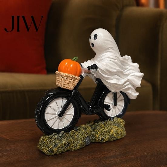 Desktop Ghost Ornament for Home Halloween Riding Motorcycle Figurine, Novelty Rider Resin Atmospheric Decor Statue with Pumpkin Indoor Desk