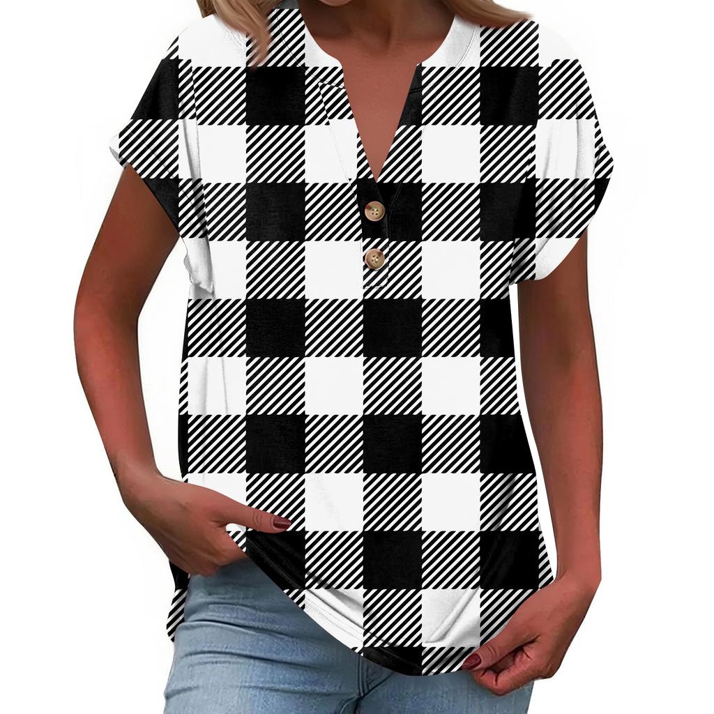 Modisches Lässiges Locker Geschnittenes Kurzärmeliges Knöpfbares V-Ausschnitt Bedrucktes T-Shirt Top für Damen