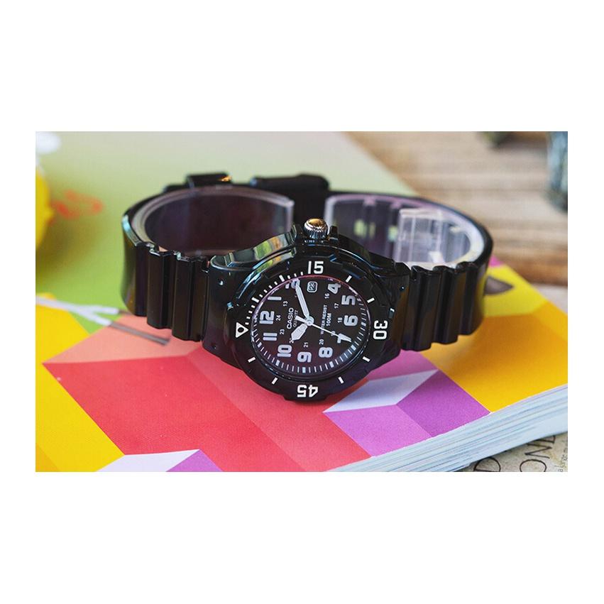 Casio Youth Series Lrw Round Dial Three Hands Digital Style Sports 100 Meters Waterproof Quartz Movement Resin Strap Women Watches Black LRW-200H-1B