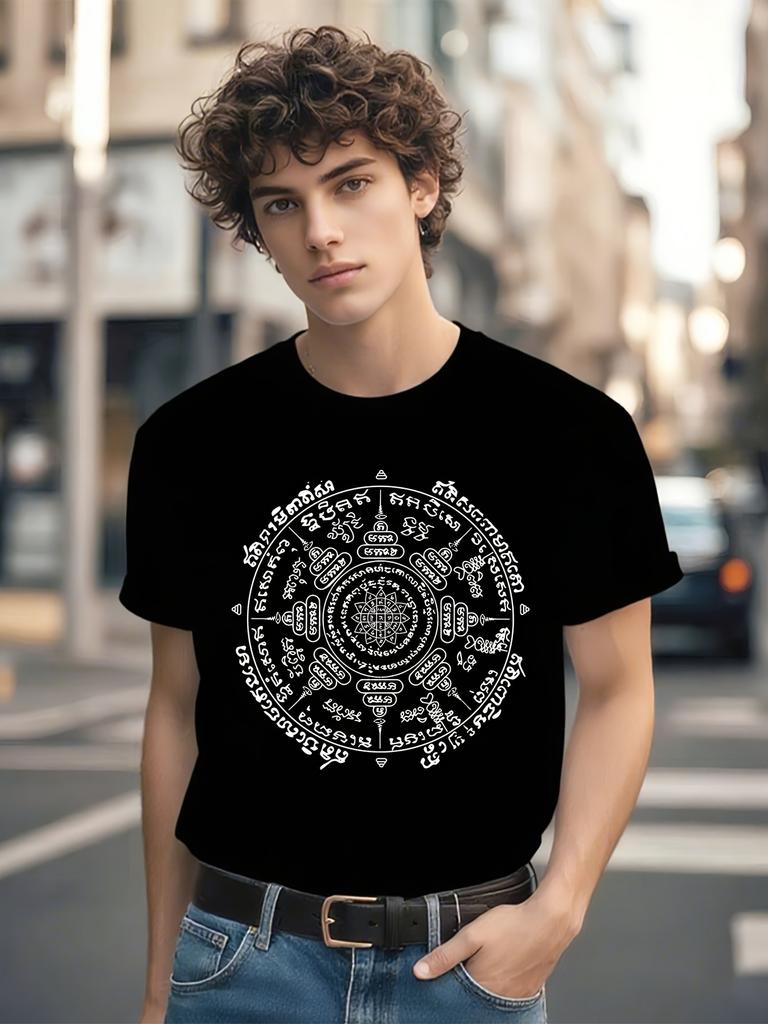 Thai Eight Direction Tattoo Graphic T-shirt - Black with White Sacred Geometry Design