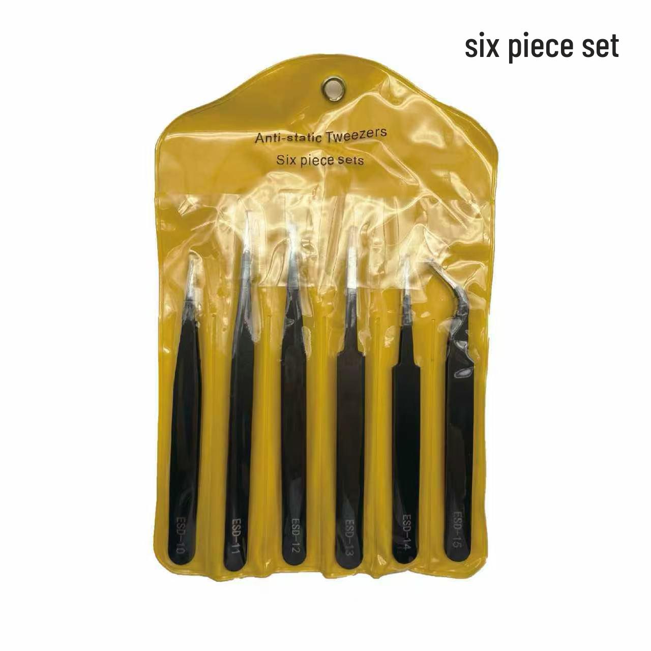 6-Piece Black Anti-Static Stainless Steel Bent Tip Tweezers Set, 1.0MM Thickness, for Nail Art and Industrial Use