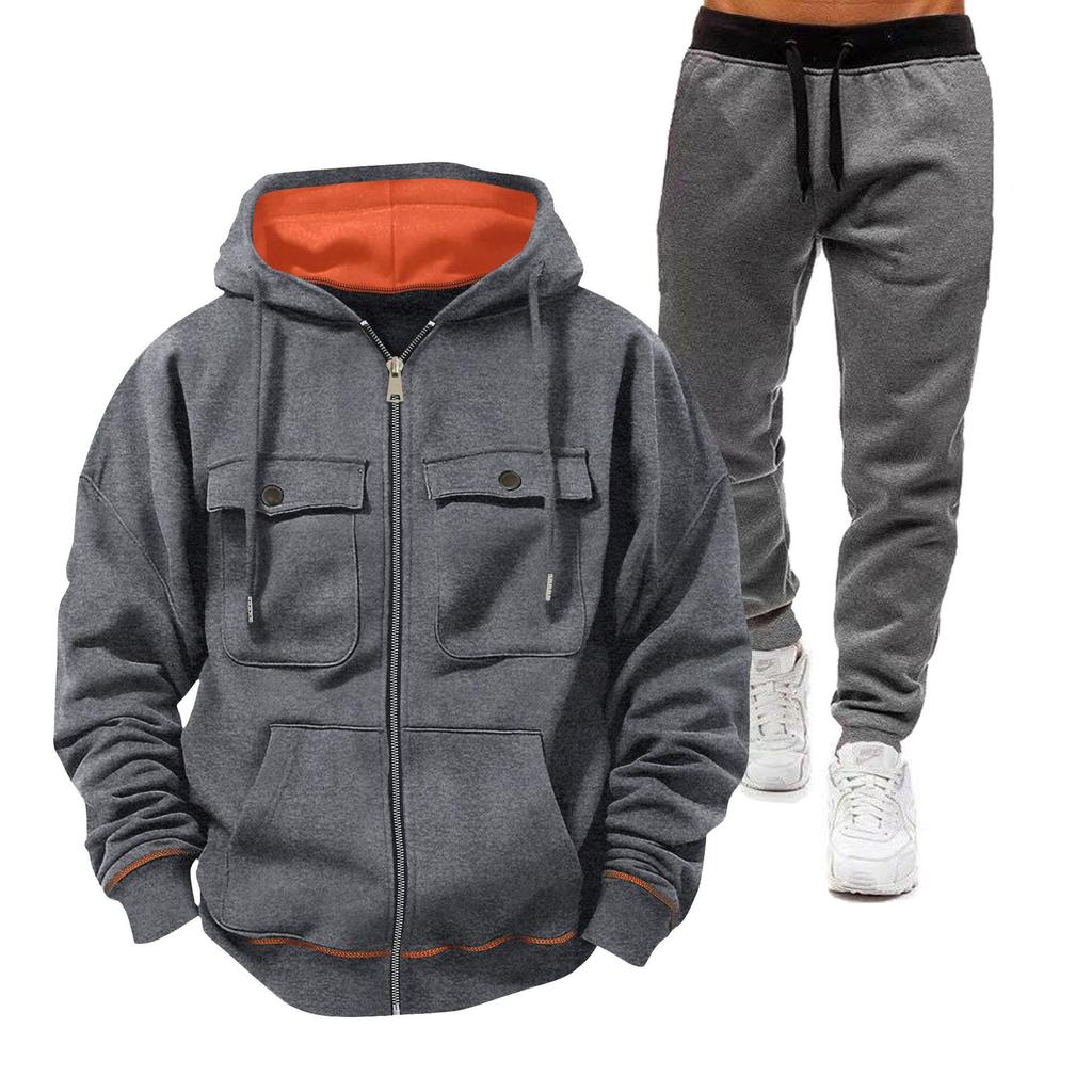 Men's European Size Hooded Sweatshirt Set: Zip-Up Fleece-Lined Jacket with Double Pockets for Sports and Casual Wear.