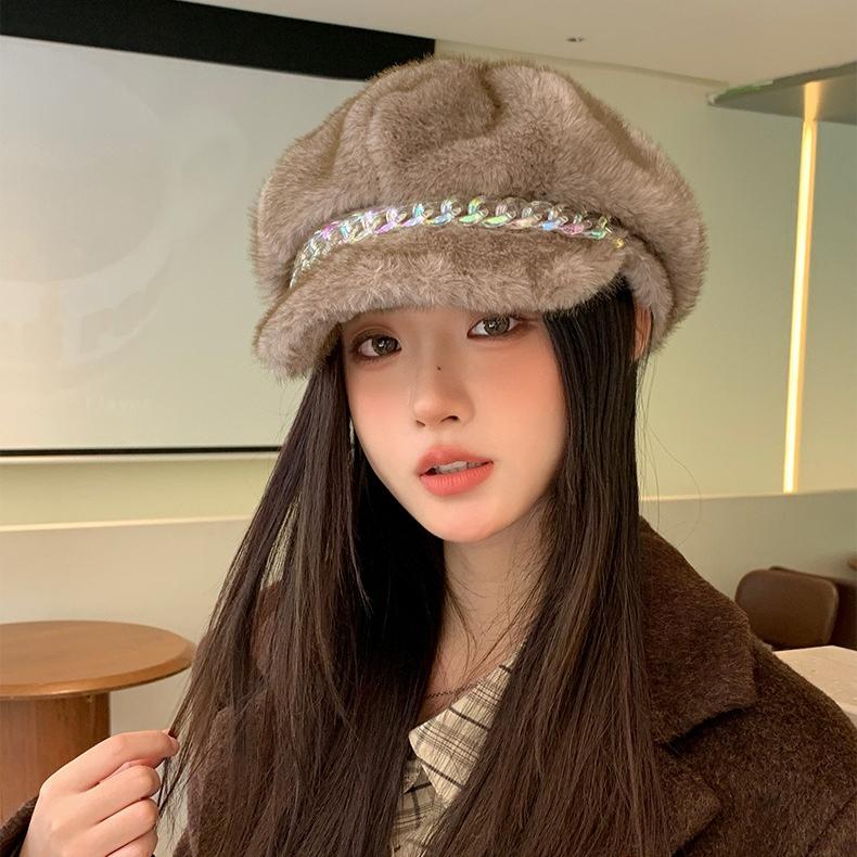Autumn and Winter Beret Cap Women's Imitation Mink Hair Thermal Ear Protection Hat Versatile Casual Retro Octagonal Hat Painter Hat