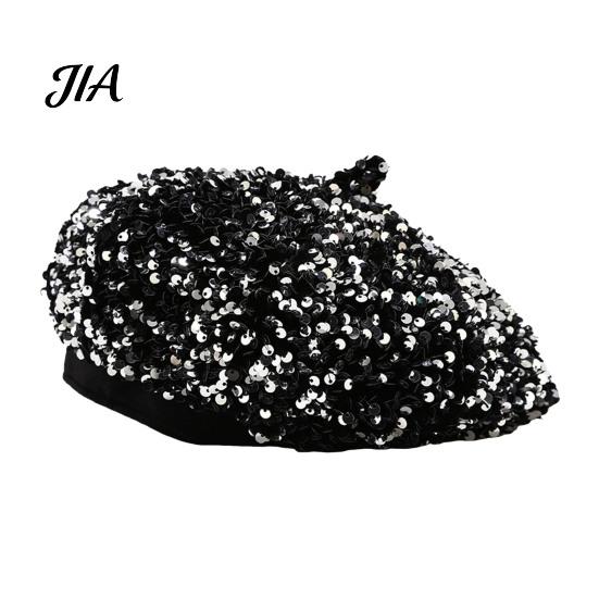 Sophisticated Daily Accessory Women Sequined Beret Hat, Sparkly Retro Artist Cap, Stylish Outdoor Fashion Headgear Adjustable Painter Cap for
