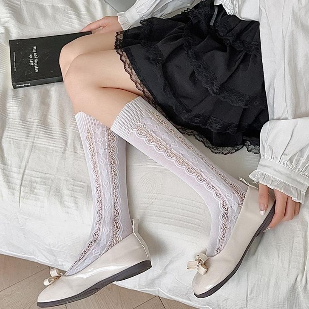 Japanese Pure Desire White Lace Calf Socks Women's Middle Tube Love Summer Thin Simple Thin Legs Ins Tide Outer Wear