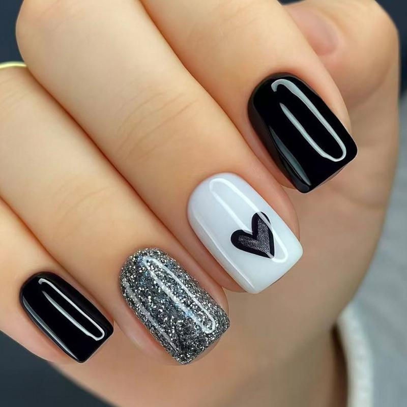 

24PCS Glitters False Nail Black Heart Design Press On Artificial Nail Long Lasting ABS Build NonToxic for Women Party 1