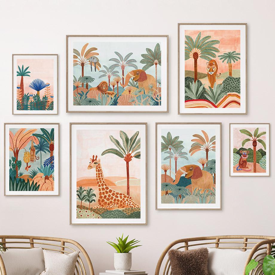 Tropical Jungle Animal Tree Giraffe Elephant Lion Boho Posters And Prints Wall Art Canvas Painting Picture for Living Room Decor