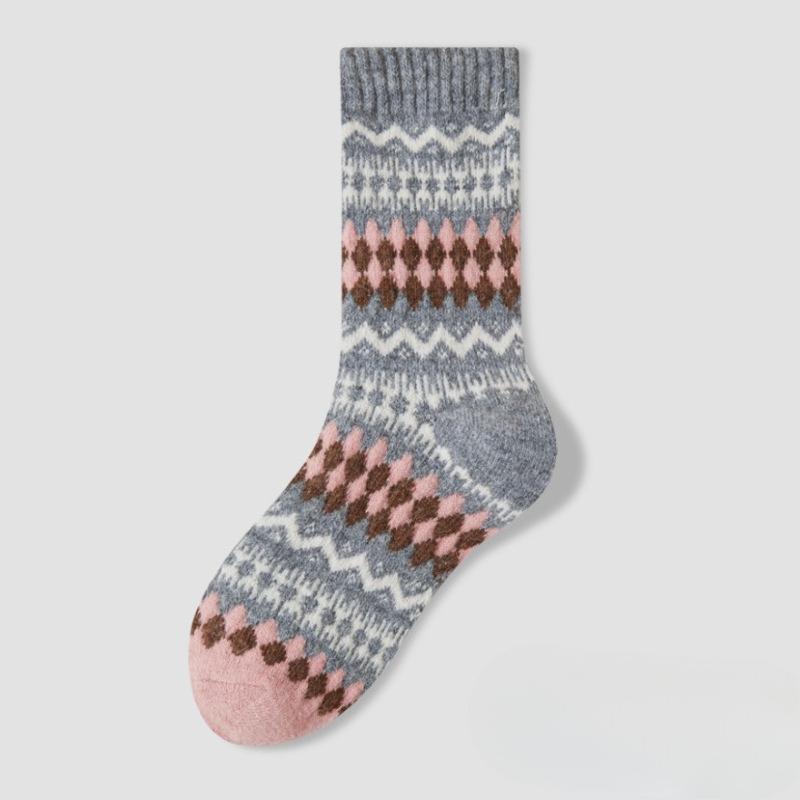 Wool Socks - Children's Vintage Fair Isle Ethnic Style Mid-length Socks for Winter, Thick and Warm Pile Socks