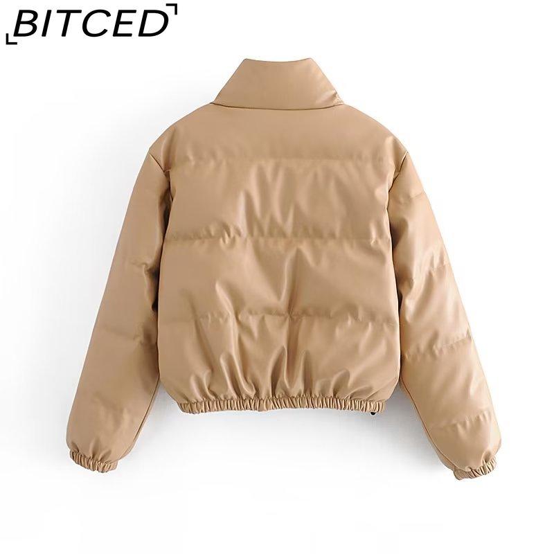 BITCED Fashion Casual Solid-Colour Minimalist Faux Leather Cotton Jacket for Women Winter Stand Collar Jacket