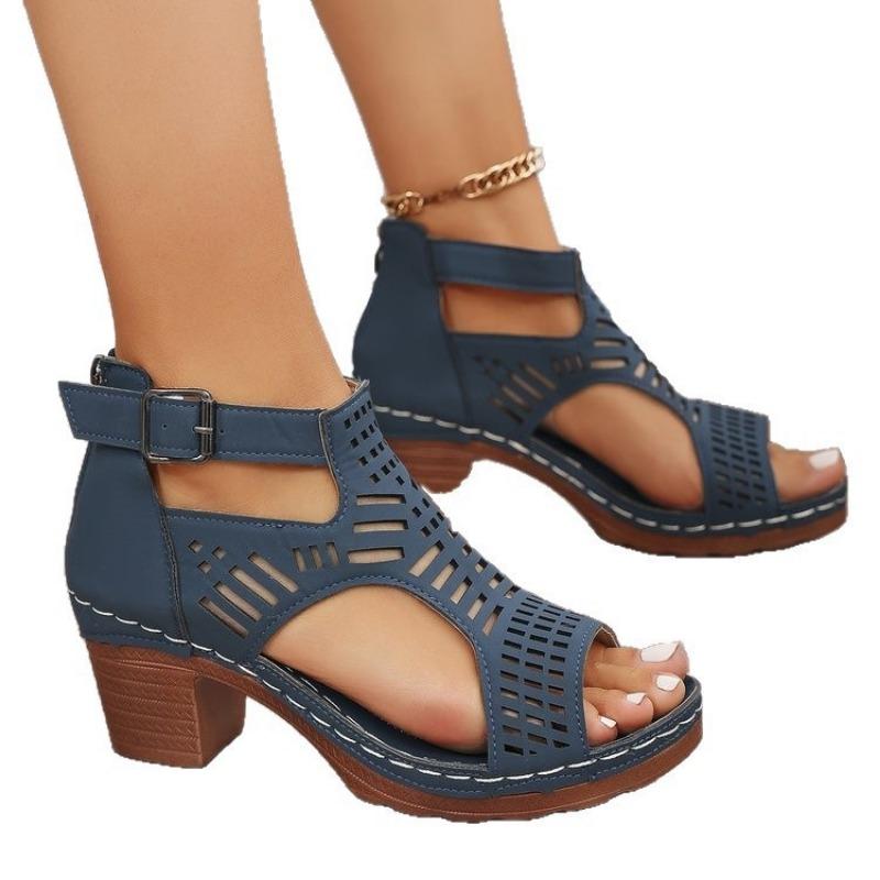 Large Size Women's Shoes Summer New Thick Heels High Heels Hollow Fish Mouth Sandals Women