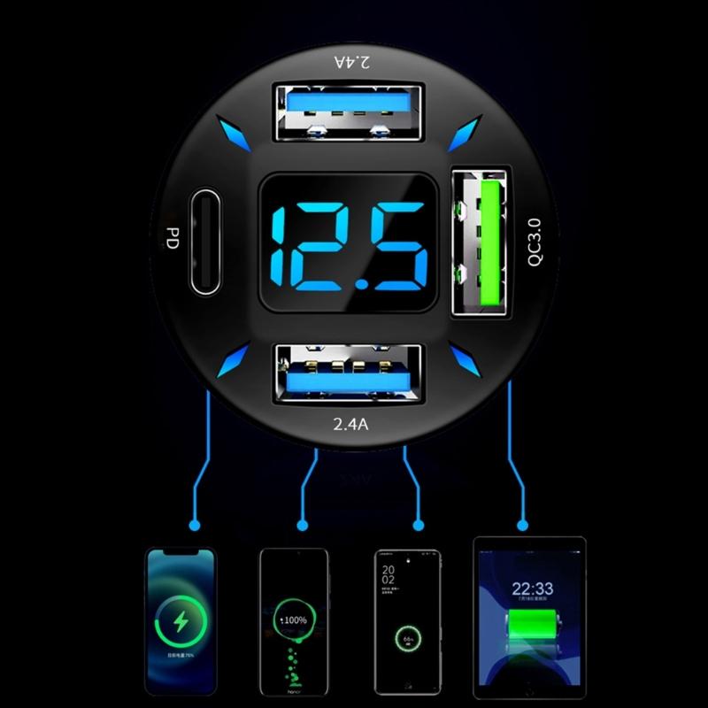 Car Charger Stable Current Output 4.8A QC3.0 22.5W 66W PD20W QC3.0 2.4A LED Light One For Four Laptop Cellphone Charger