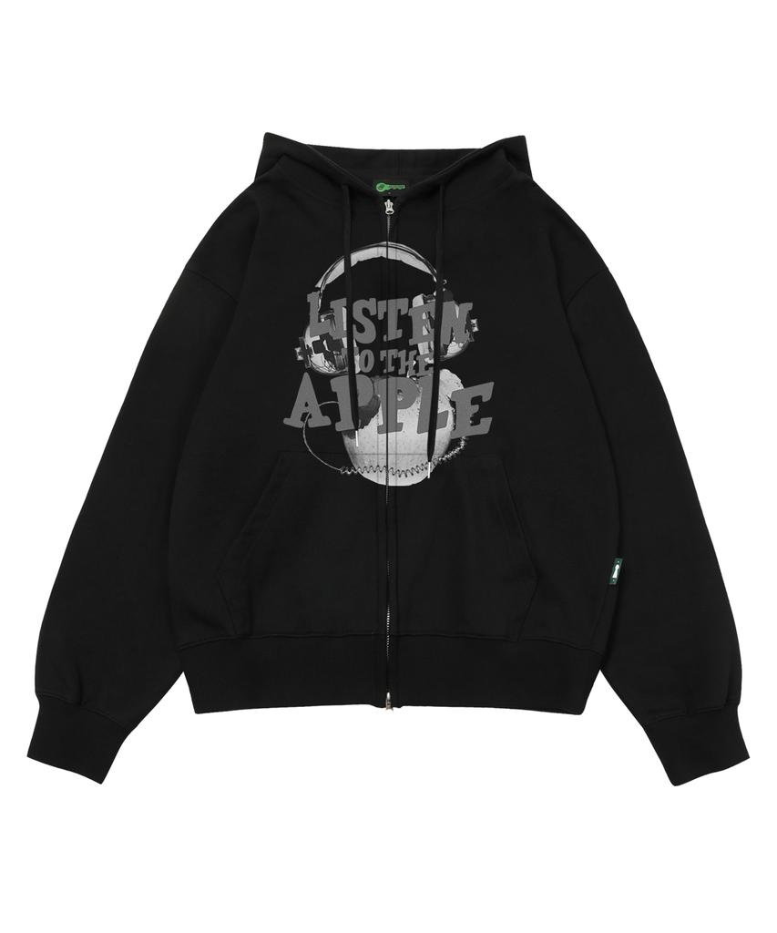Escapefrom Listen To The Apple Print Two-Way Zip-Up Hoodie Black