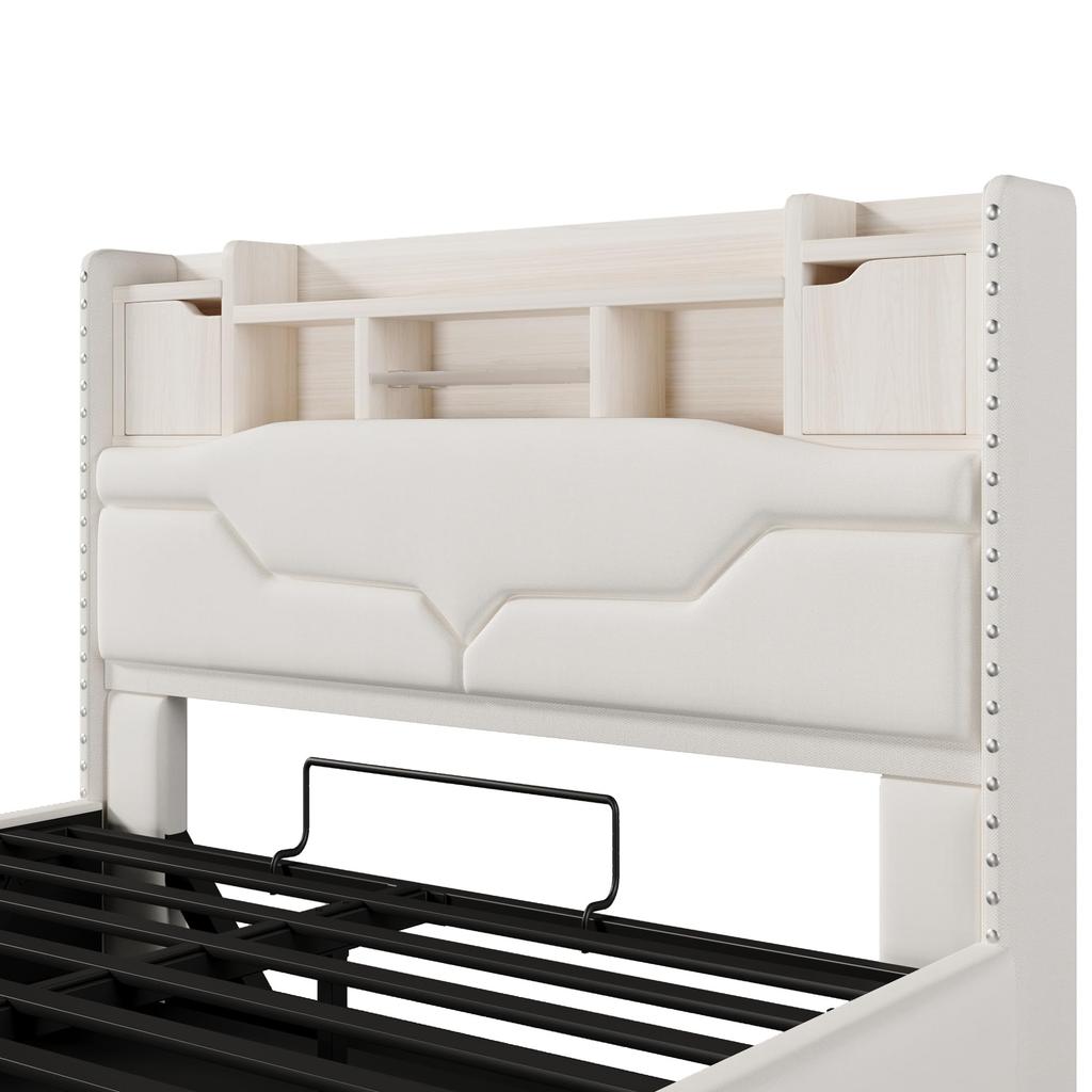 Upholstered Bed 140x200 Hydraulic Storage LED Headboard USB-A&USB-C Charging Function Remote Control Slatted Frame Beige Without Mattress