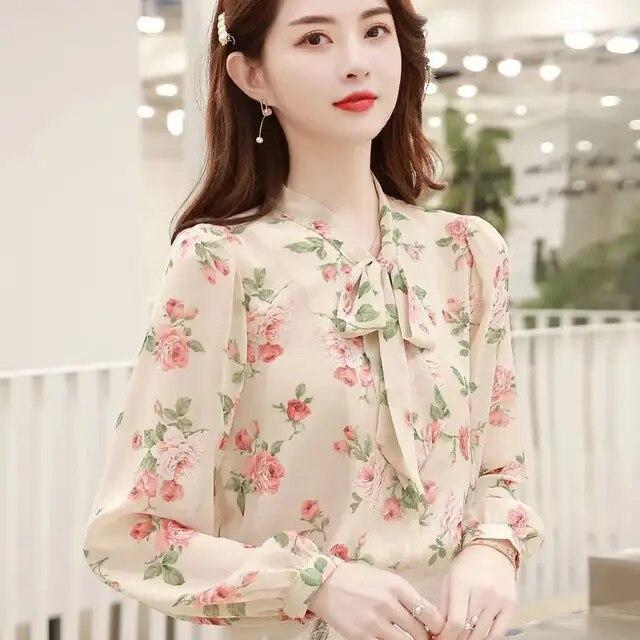 Women's Long Sleeved Bottoming Shirt Spring Autumn New Scarf Collar Tie Up Print Chiffon Top S-5XL