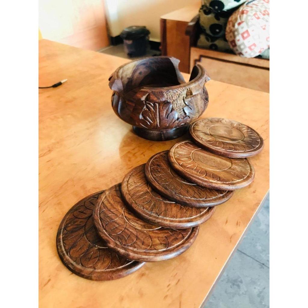 Wooden Handmade Carved Set of 6 with Decorative Holder Tabletop Coasters for Tea Coffee Cups Mugs Beer Cans Bar Glass Indian Handicrafts
