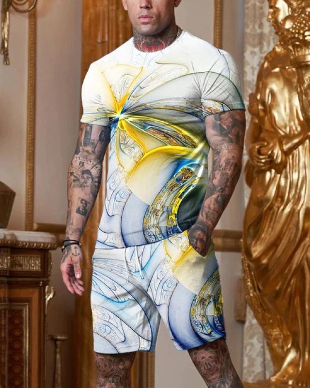 Men's Casual 2pcs Set, Coconut Palm Print T-shirt + Active Shorts Matching Set For Fitness