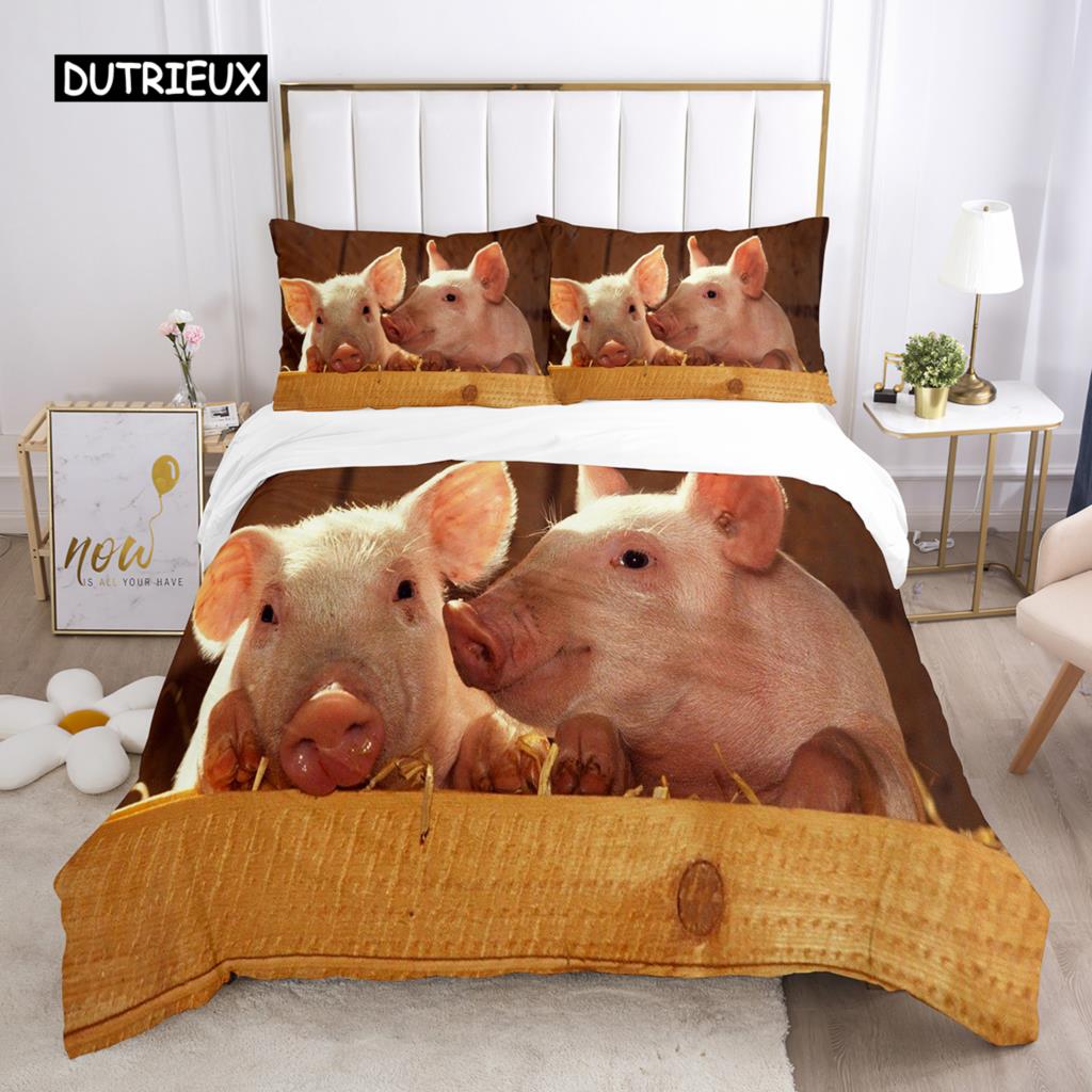 Pig Duvet Cover Set Queen Size Microfiber Cute Pig Animal Theme Twin Bedding Set Farm Animal 2/3pcs Quilt Cover for Boys Girls