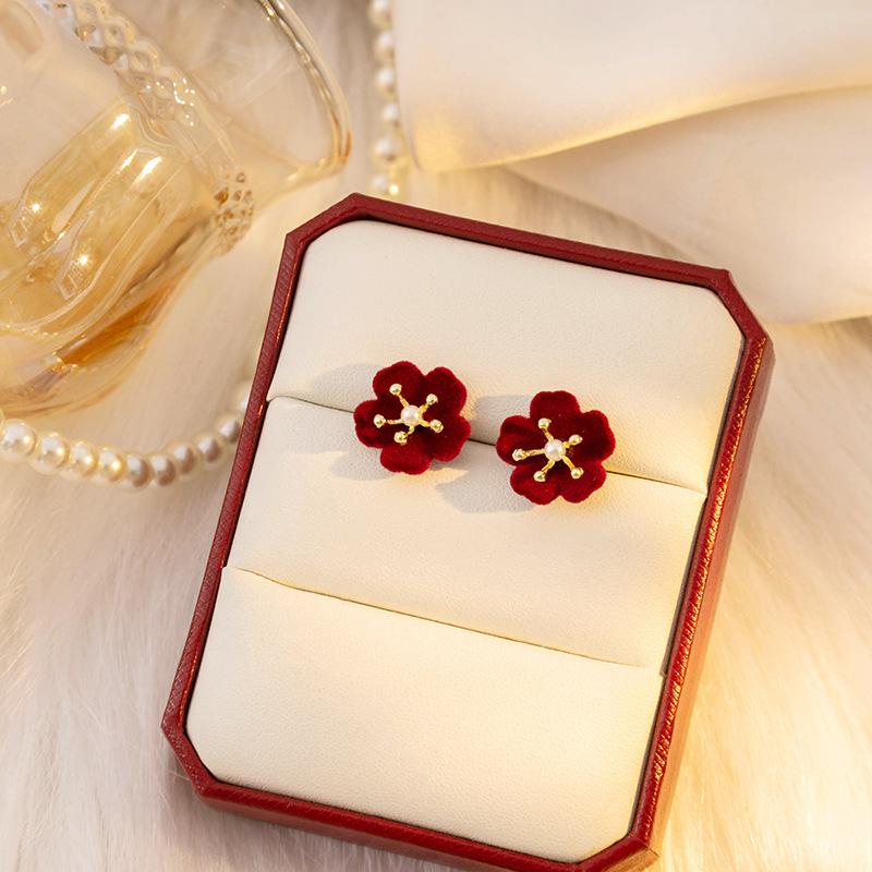 2024 Burgunderrote Ohrringe mit Schleife: Silbernadel, eleganter chinesischer Stil für Neujahr und Frühlingsfest