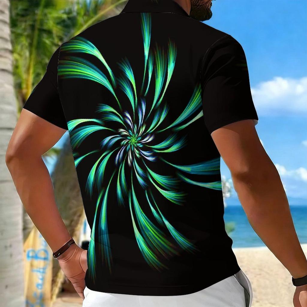 Women Short Sleeve Polo Shirt Blue Gray White Curved Wave Line Abstract Half Zip Lapel Top