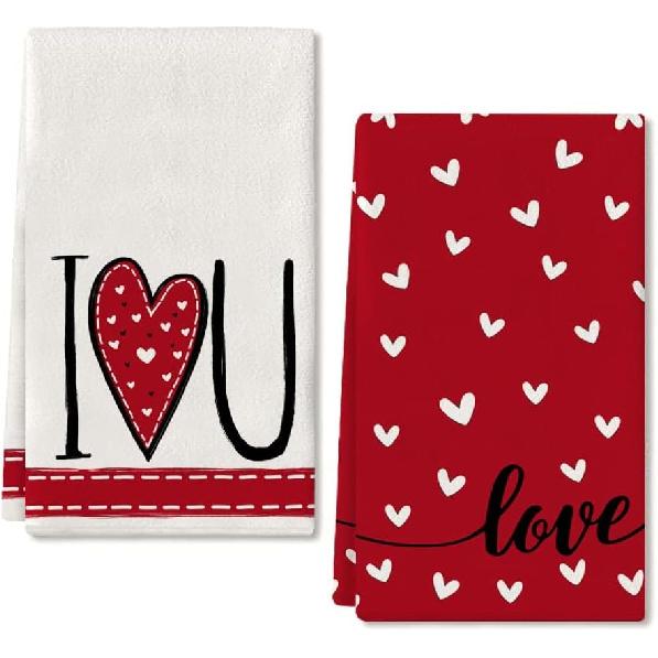 ARKENY Valentines Day Kitchen Towels Red Heart Dish Towels 18x26 Inch Ultra Absorbent Wedding Drying Cloth I Love U Sign Hand Towel for Valentine