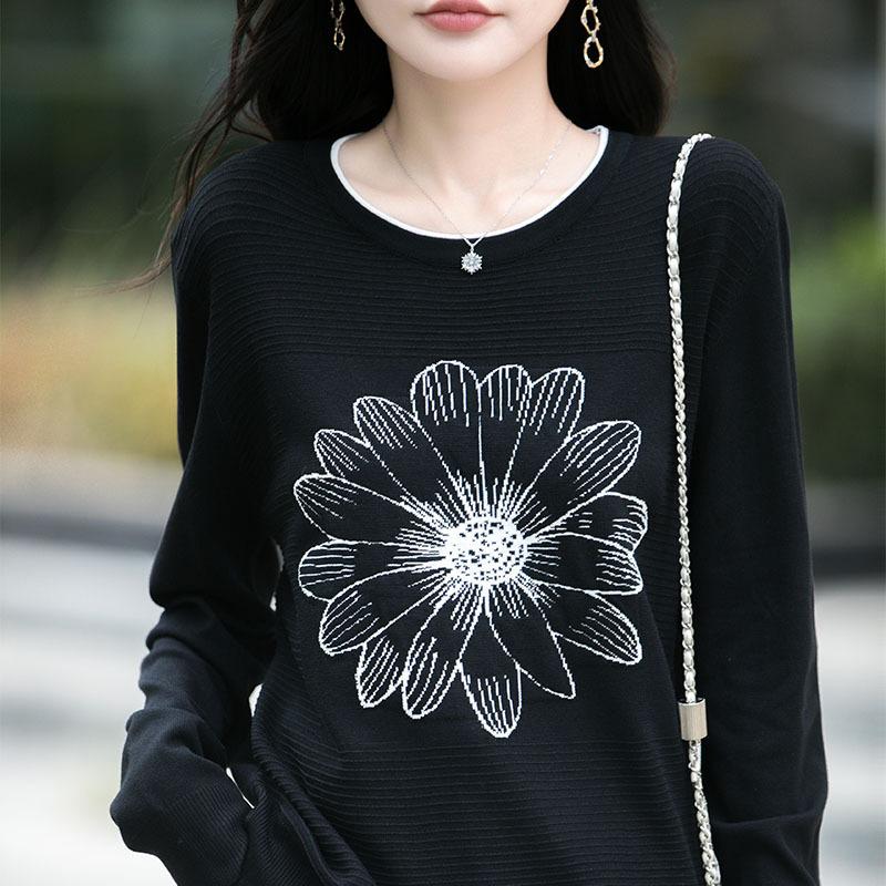 

Новый осенне-зимний женский вязаный свитер контрастного цвета с подсолнухом, облегающий базовый свитер с длинными рукавами, весенний топ XXL чёрный