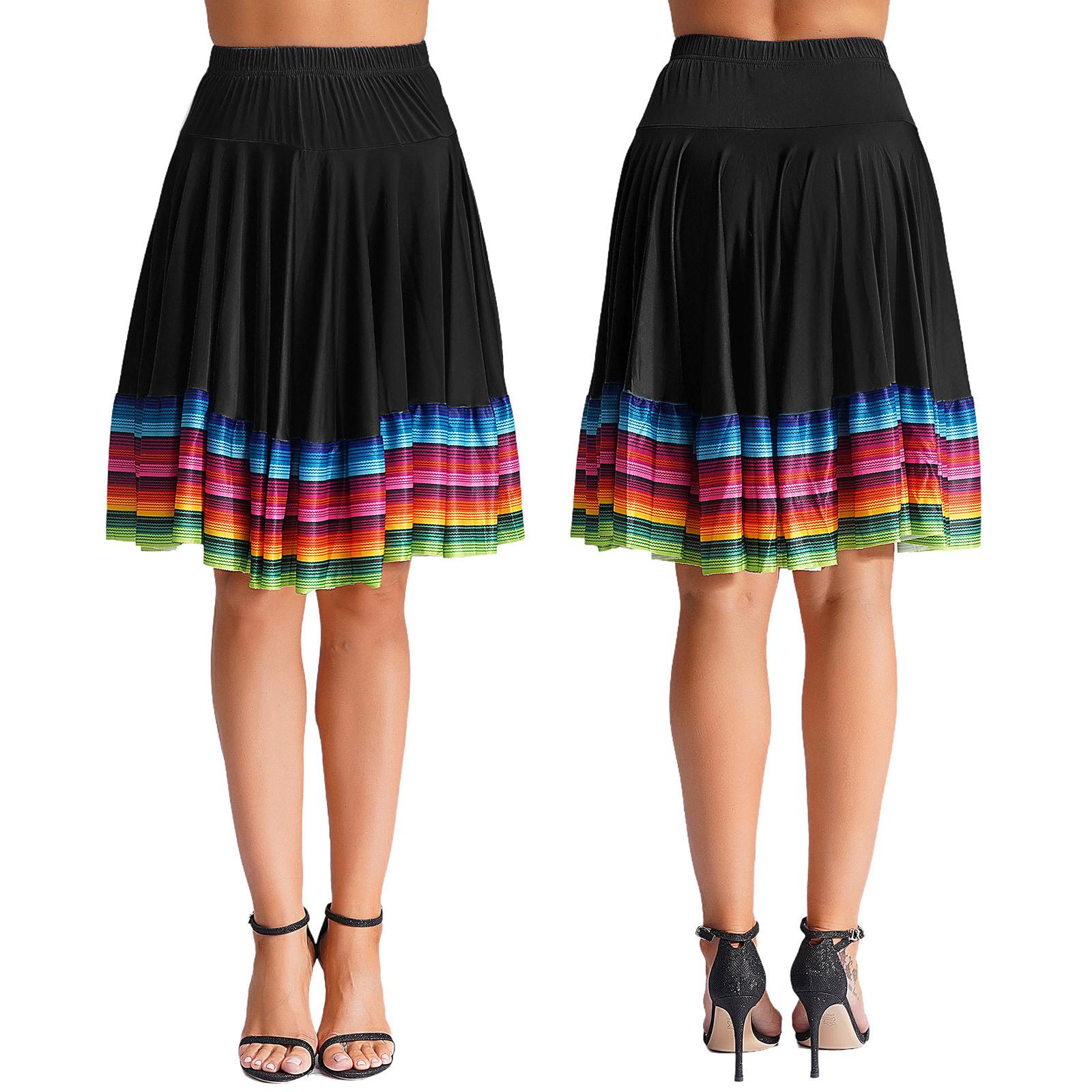 

Womens Colorful Stripe Hem Skirt Elastic Waistband Flamenco Ballroom Dance Folk Dancing Stage Performance Skirt L