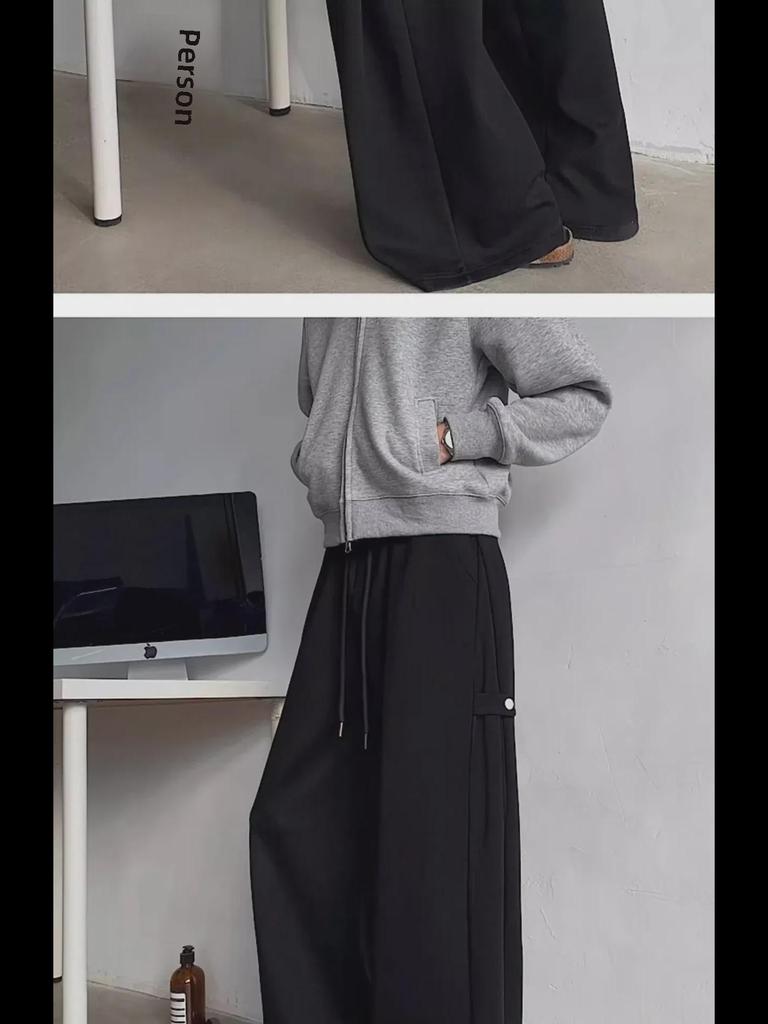 Men's Gray Heavyweight Wide-Leg Sweatpants: Spring/Autumn Casual Drape with American High-Street Vibe