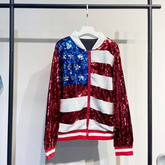 Womens Sequin Jacket U.S. Flag Red Blue White Glitter Zip Up Coat Casual Long Sleeve Color Block Sweatshirt Top