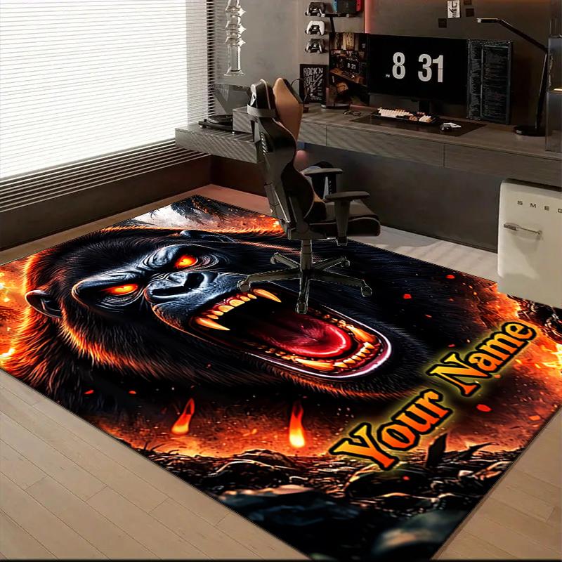 1PC Custom Name Gorilla Roar Fire Artwork Theme Floor Mat Ideal for Living Room, Game Rooms, Office, Bedroom,Floor Mat Playful Design