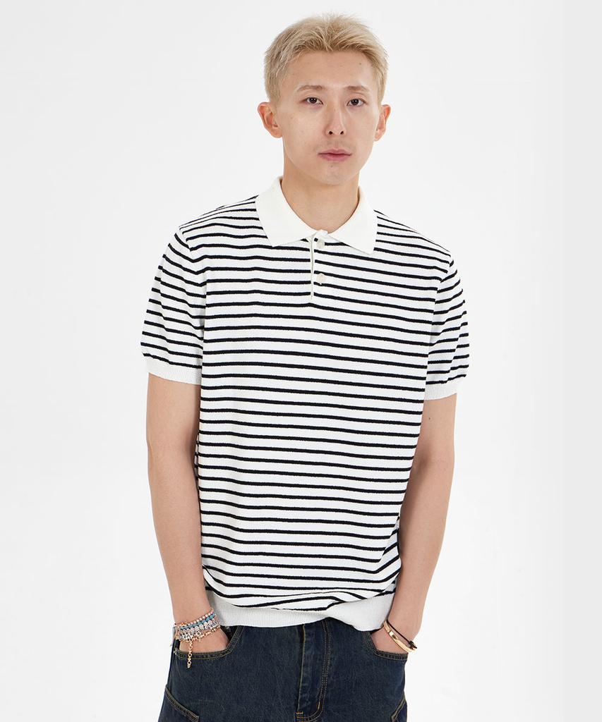 MAKEITTO Striped Knit Collared Short Sleeve T-Shirt_White