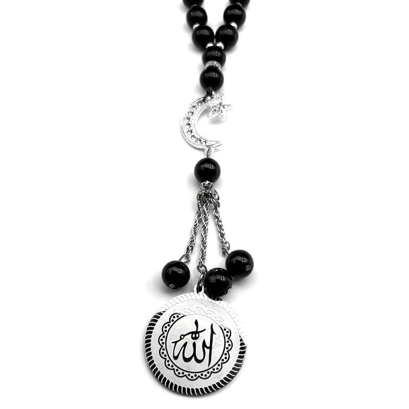 Arabischer Allah Gott Autoanhänger Edelstahl Goldfarbe Islamisches Muslimisches Amulett Grünes Glas Gebetsperlen Ketten Mond Stern Schmuck