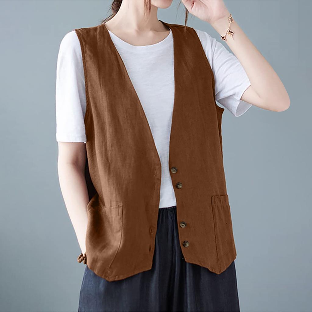 Women Loose Fit Sleeveless Vest Cotton Linen Blend V Neck Button Front Waistcoat Casual Outerwear Layering Piece
